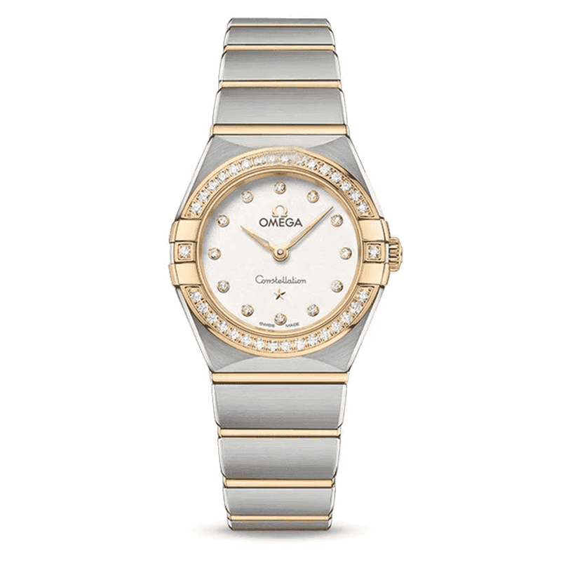 ساعت مچی زنانه امگا كانسليشن سیلور طلایی صفحه سفید دور و اندکس نگین Omega Constellation Silver-Gold White Screen Jewel Around and Index