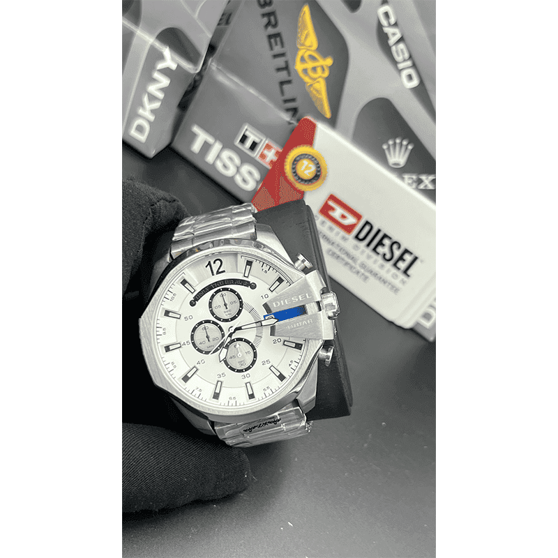 ساعت مچی مردانه دیزل شاخدار (مگا شیف) سیلور صفحه سفید Diesel Mega Chief Silver White Screen — تصویر ۳