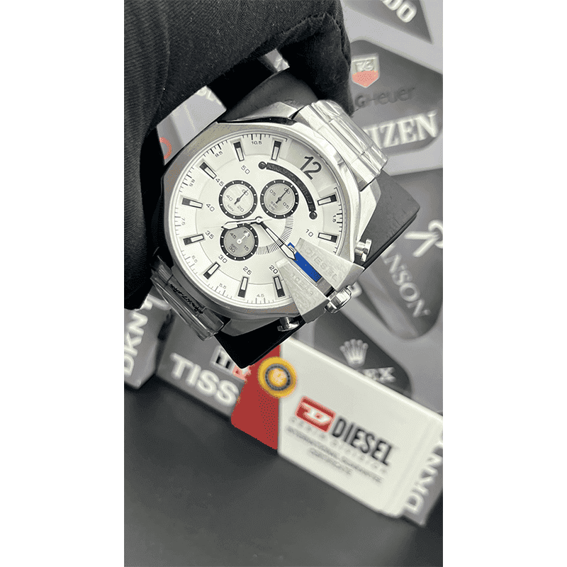 ساعت مچی مردانه دیزل شاخدار (مگا شیف) سیلور صفحه سفید Diesel Mega Chief Silver White Screen — تصویر ۲
