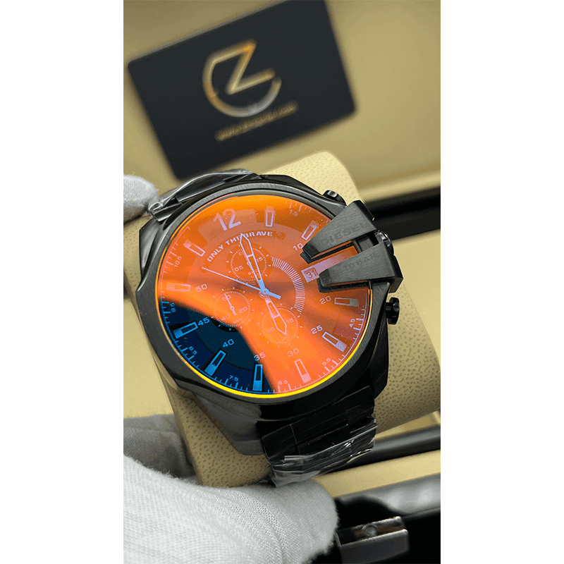 ساعت مچی مردانه دیزل شاخدار (مگا شیف) مشکی صفحه رفلکس آبی و قرمز Diesel Mega Chief Black Blue & Red Reflex — تصویر ۳