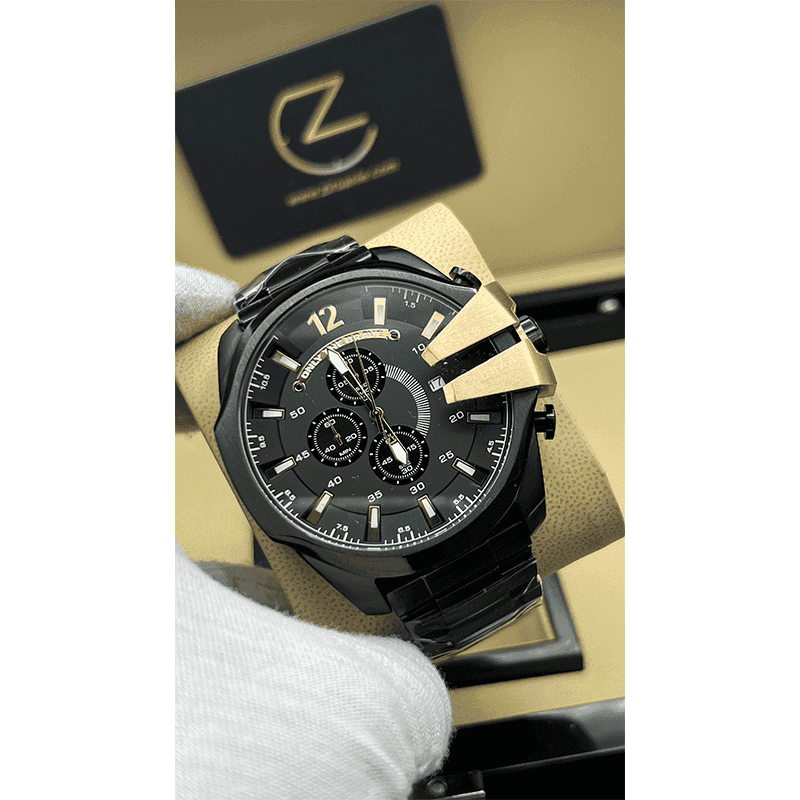 ساعت مچی مردانه دیزل شاخدار (مگا شیف) مشکی شاخ رزگلد Diesel Mega Chief Black Black Screen Rose Gold Pointers — تصویر ۴