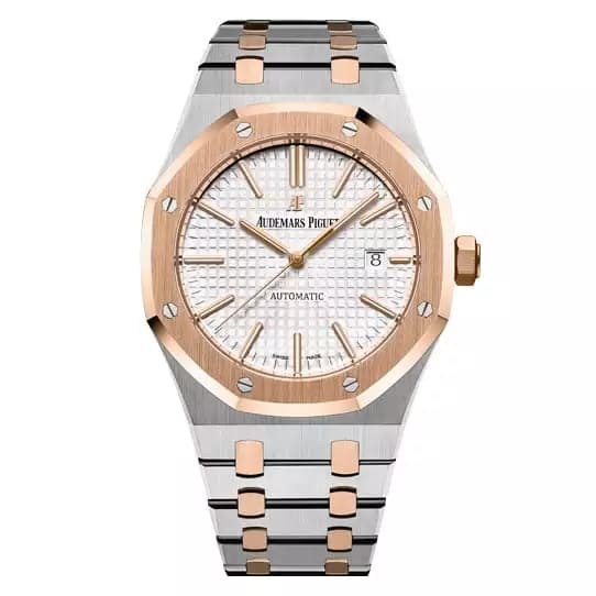 ساعت مچی مردانه اودمار پیگه دو رنگ رزگلد صفحه سفید Audemars Piguet Royal Oak Silver Rose Gold White Screen