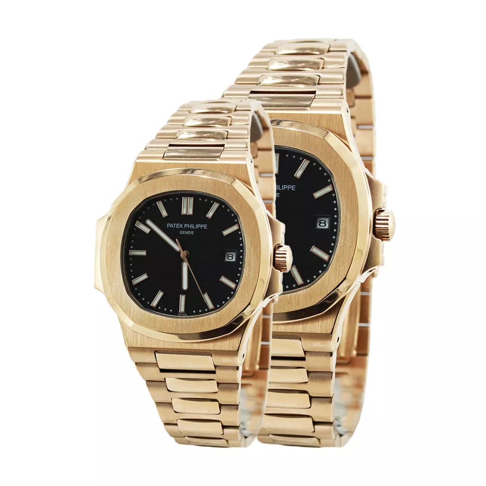 ست کاپل ساعت مچی پتک فیلیپ ناتیلوس طلایی صفحه مشکی Patek Philippe Nautilus Golden Black Screen Couple Set