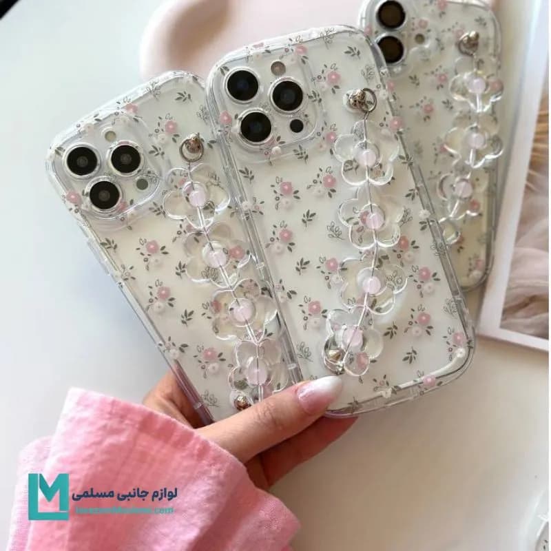 قاب گوشی مینیمال گل صورتی با دستبند کد C3322 | لوازم جانبی مسلمی