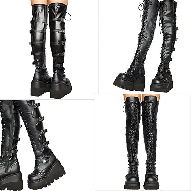 چکمه گوتیک پاشنه بلند مشکی زیپ دار Womens Wedge Platform Over The Knee Boots — تصویر ۴