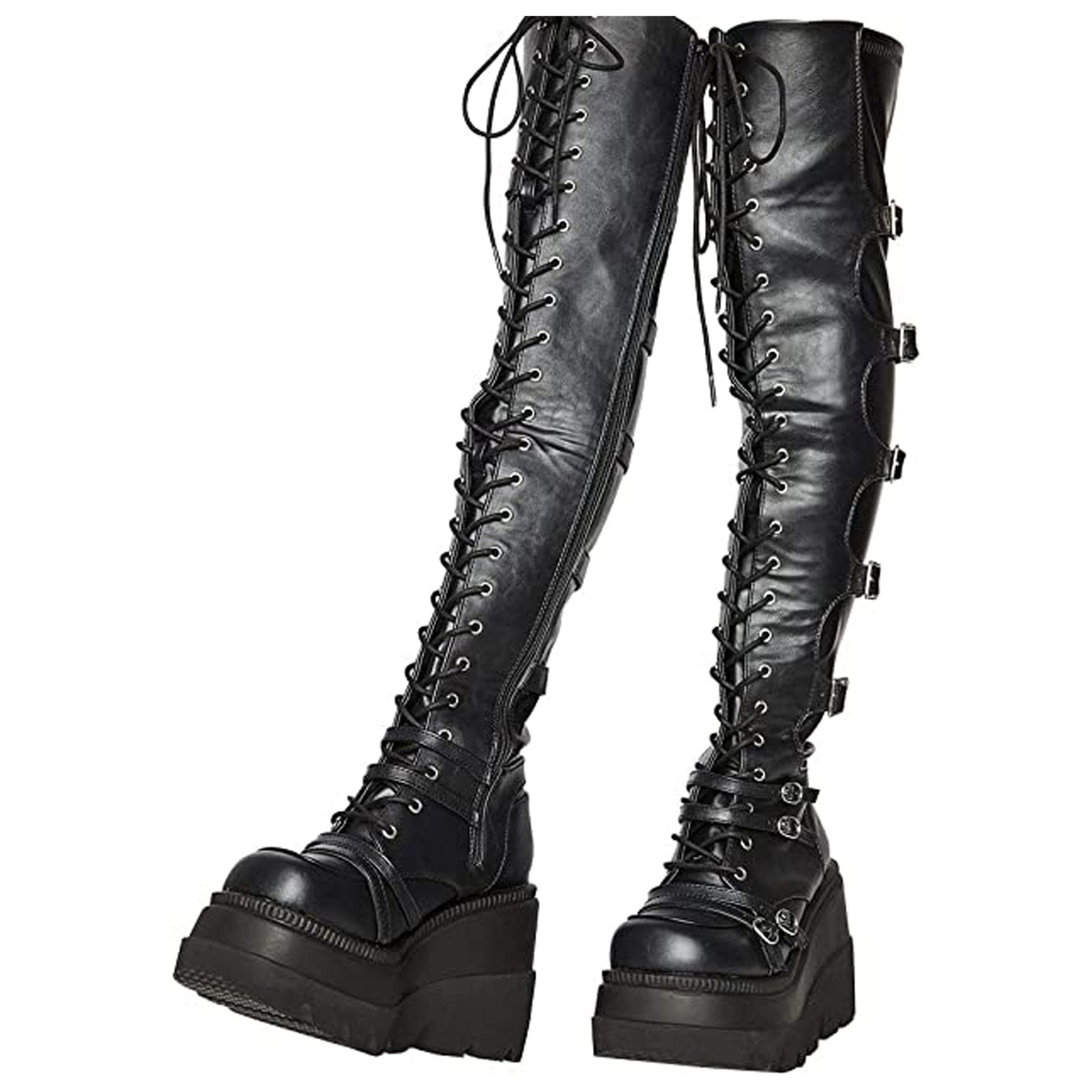 چکمه گوتیک پاشنه بلند مشکی زیپ دار Womens Wedge Platform Over The Knee Boots