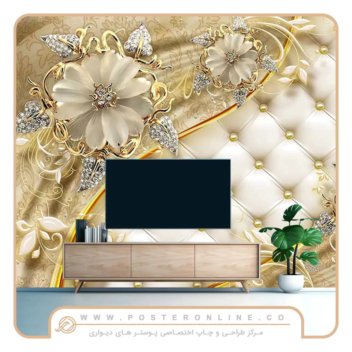 پوستر دیواری پشت تلویزیون طرح گل طلایی کد mt-83594