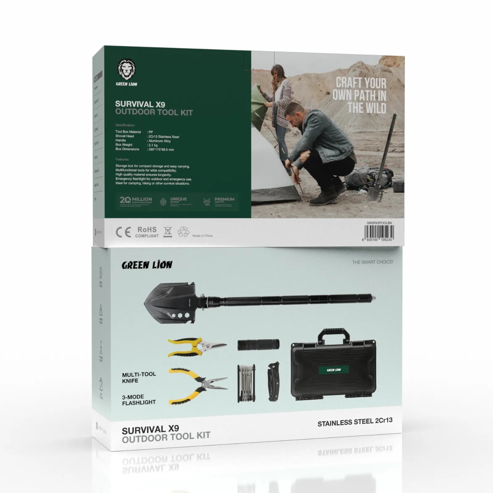 کیت ابزار چندکاره کمپینگ تاشو مدل Survival X9 گرین لاین — تصویر ۳