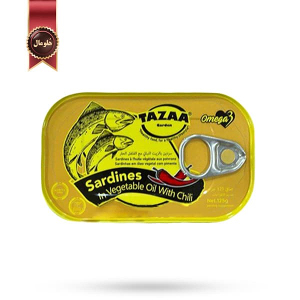 کنسرو ماهی تازا TAZAA مدل ساردین در روغن گیاهی با فلفل قرمز sardines in vegetable oil with chili وزن 125 گرم (اورجینال)