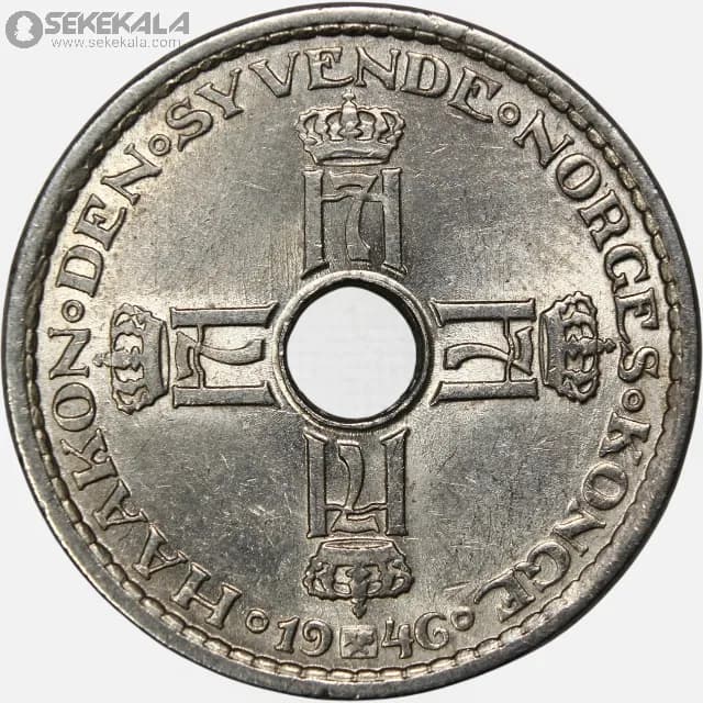 سکه 1 کرون نروژ 1946 (هاکان پنجم)(+AU) — تصویر ۲