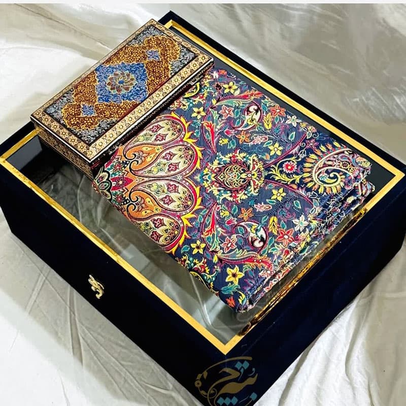 ست هدیه خاتم کاری ترمه و جعبه تذهیب اعلا — تصویر ۲