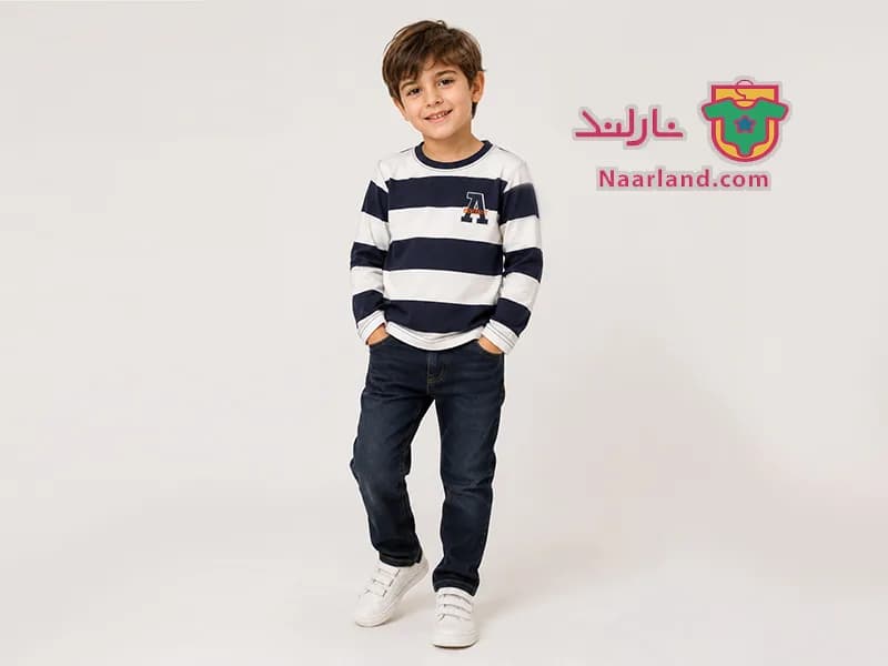 بلوز پسرانه برند Topolino آلمان سرمه ای سفید راه راه — تصویر ۲