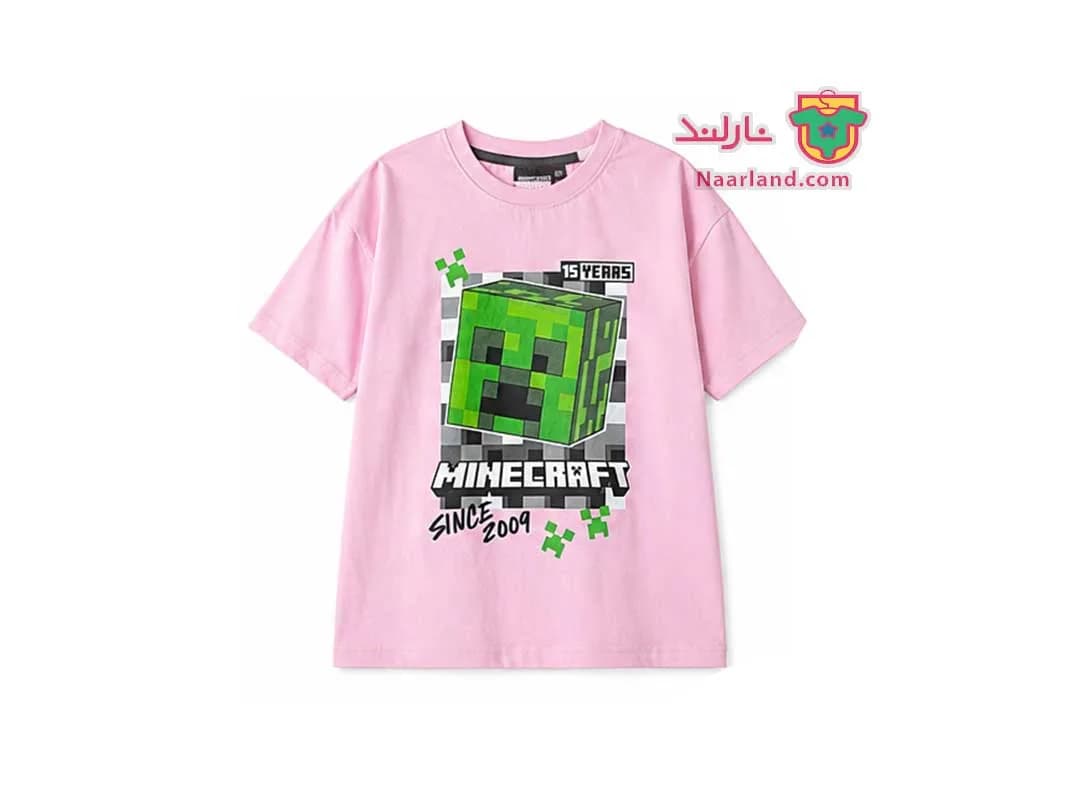 تیشرت کراپ دخترانه طرح ماینکرافت Minecraft صورتی روشن