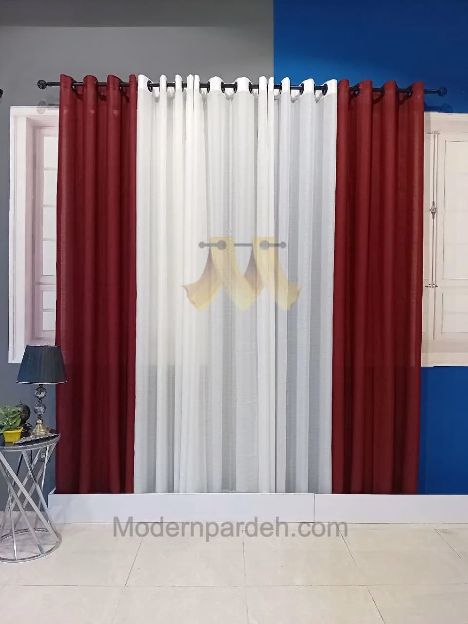 پرده آماده پانچی حریربافتدار زرشکی سفید (عرض2/5 تا3متر)
