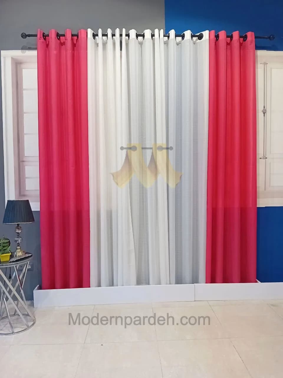 پرده آماده پانچی حریربافتدار صورتی سفید (عرض2/5تا3متر)