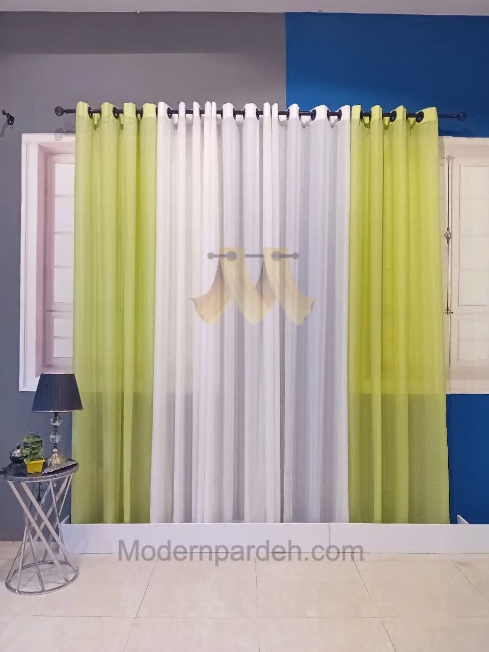 پرده آماده پانچی حریربافتدار سبز روشن سفید (تاعرض3متر)