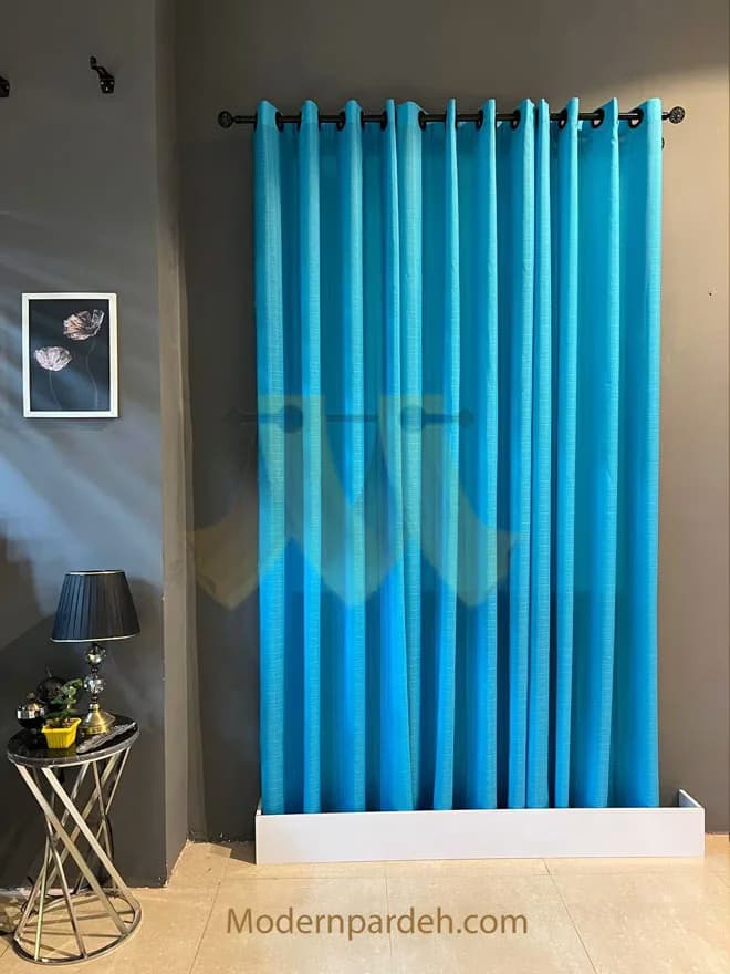 پرده آماده پانچی حریر بافتدار فیروزه ای عرض ۱/۵ تا ۲ متر