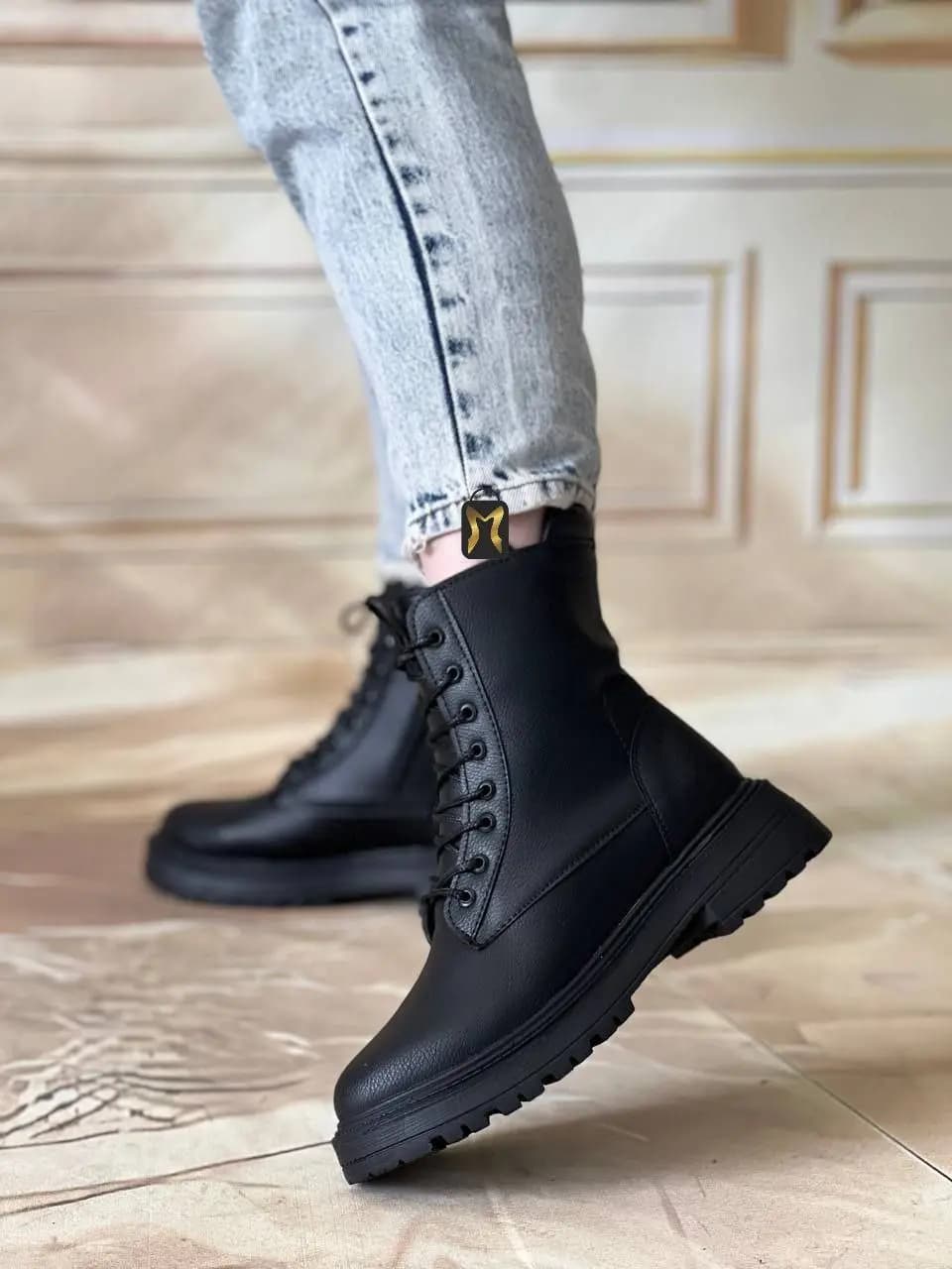 بوت چرم ساق بلند بند دار زنانه کد 6167