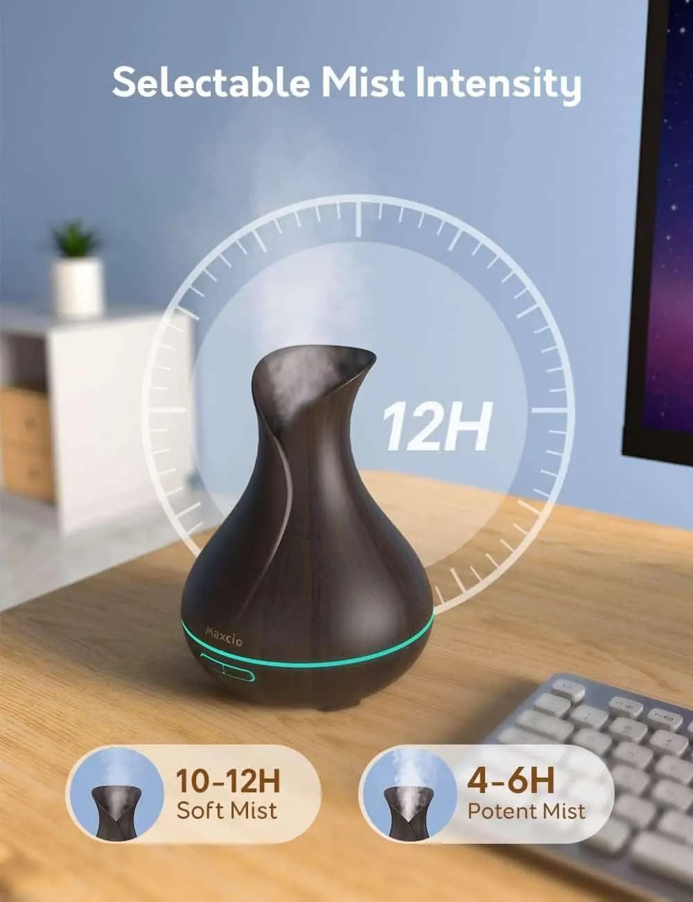 دستگاه بخور/خوشبو کننده و رطوبت ساز (آروماتراپی هوشمند) Maxcio, Aroma Diffuser | با تایمر و 7 نور RGB، مدل DT-1522-X — تصویر ۵
