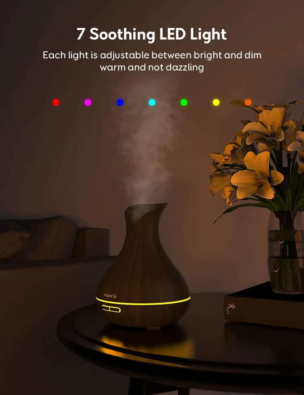 دستگاه بخور/خوشبو کننده و رطوبت ساز (آروماتراپی هوشمند) Maxcio, Aroma Diffuser | با تایمر و 7 نور RGB، مدل DT-1522-X — تصویر ۲