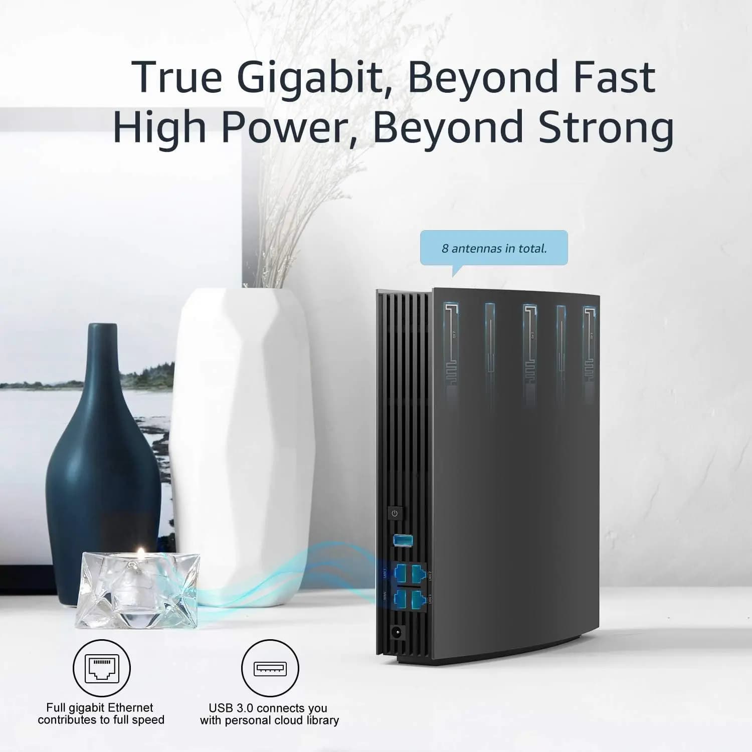 روتر اینترنت (تقویت کننده و توسعه دهنده) بی سیم دو باند (وایفای) 8آنتن داخلی هوشمند WAVLINK AC3200 با صفحه نمایش LCD — تصویر ۲