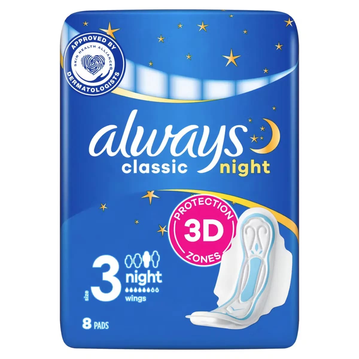 نوار بهداشتی آلویز Always مدل Classic night سری 3D سایز 3 تعداد 8 عدد — تصویر ۲