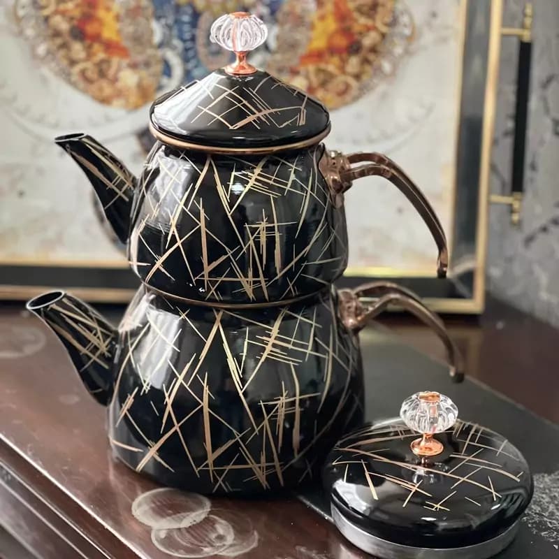 ست کتری و قوری لعابی برند شاهین محصول ترکیه ماربل رنگ مشکی طلایی