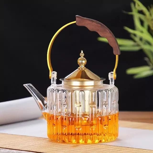 قوری پیرکس صافی دار (دسته و در طلایی) با نگهدارنده چوبی 1000 و 1300 میل