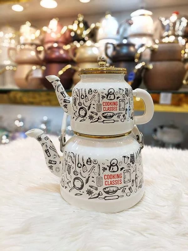 کتری قوری لعابی درب دار ساخت ترکیه طرح cooking classic