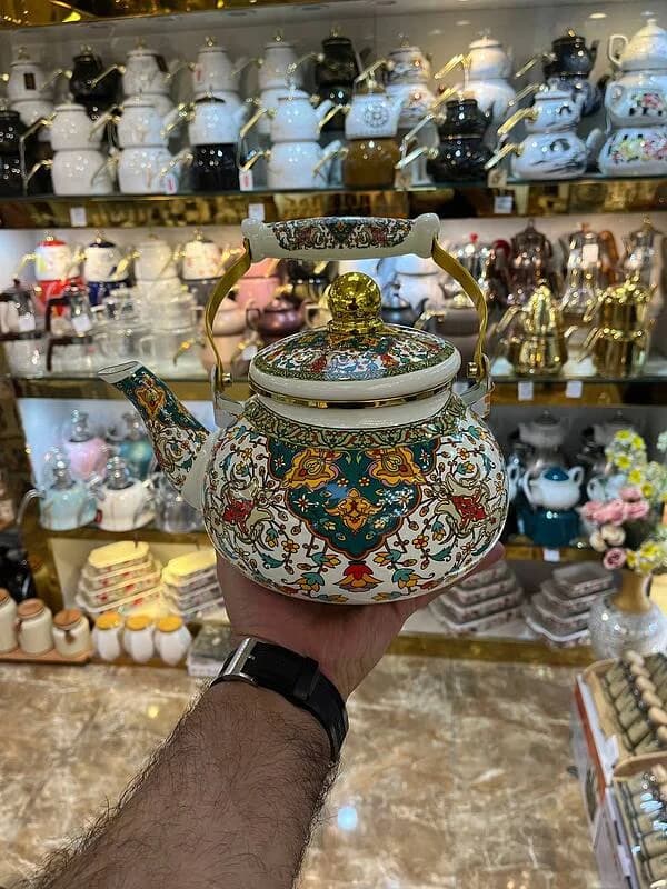 کتری لعابی درب دار طرح نقش و نگار وارداتی