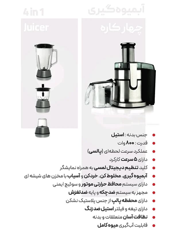 آبمیوه گیری چهار کاره بیشل Bishel مدل BL-CM–S1202 — تصویر ۳