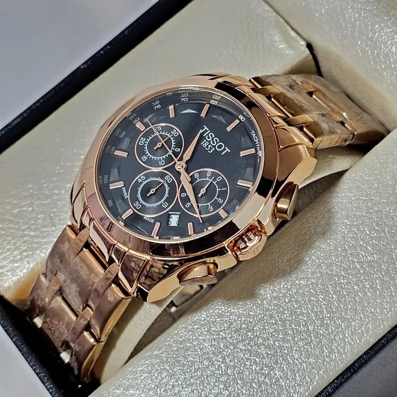 ساعت مردانه تیسوت سه موتور فعال ژاپن – قاب و بند رزگلد – 102501