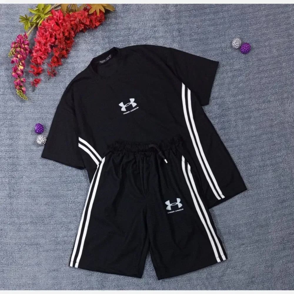 ست تیشرت شلوارک بیسکوییتی طرح UNDER ARMOUR نواردوزی شده — تصویر ۸
