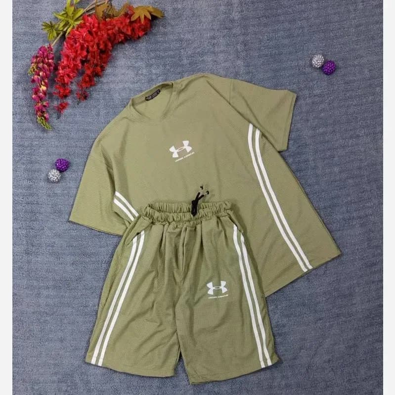 ست تیشرت شلوارک بیسکوییتی طرح UNDER ARMOUR نواردوزی شده — تصویر ۶