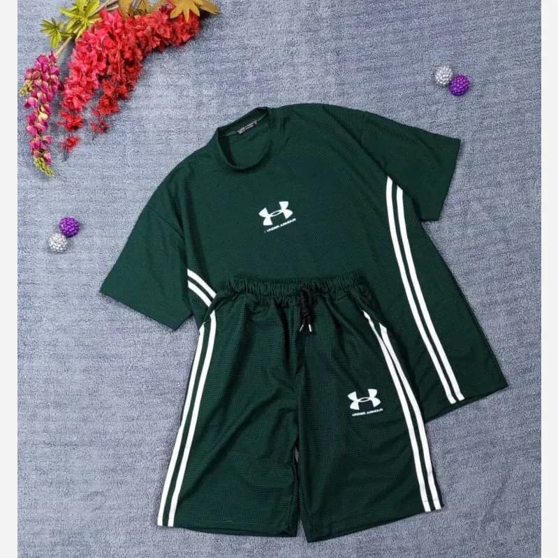 ست تیشرت شلوارک بیسکوییتی طرح UNDER ARMOUR نواردوزی شده — تصویر ۴