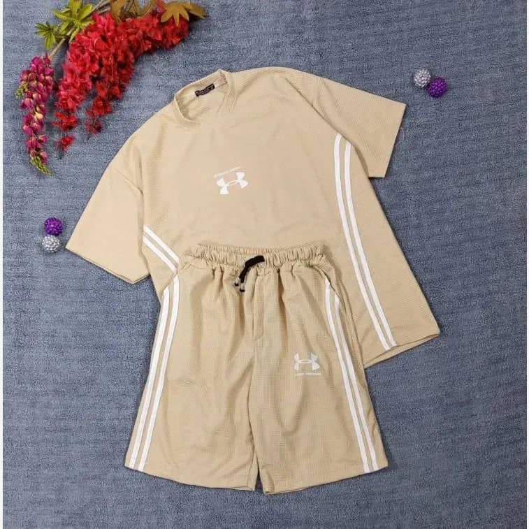 ست تیشرت شلوارک بیسکوییتی طرح UNDER ARMOUR نواردوزی شده — تصویر ۷