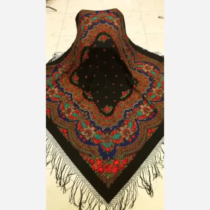 روسری ترکمنی اصل پشمی برند Pavlovo Posad مدل ستاره قواره 148×148 سانتیمتر — تصویر ۳
