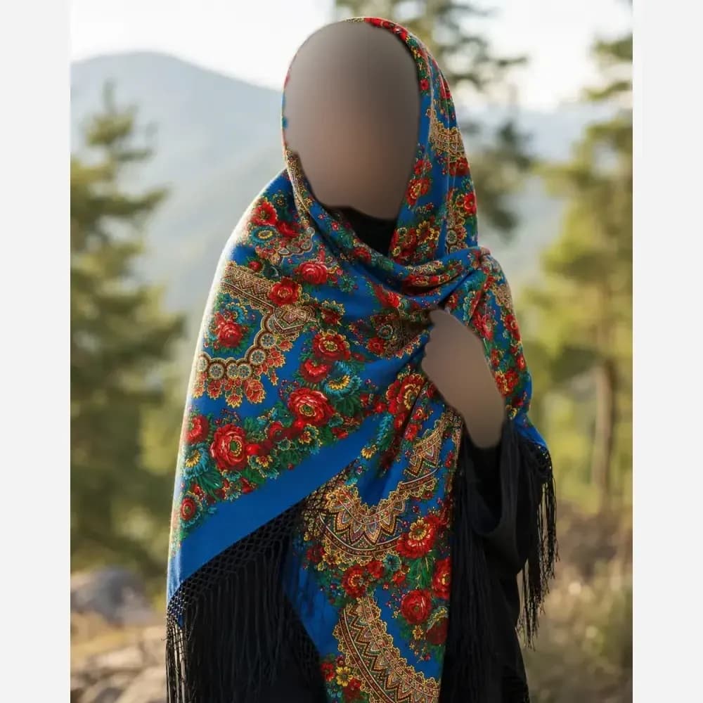 روسری ترکمنی پشمی اصل روساور روسیه برند Pavlovo Posad قواره 148 سانتی متر — تصویر ۴