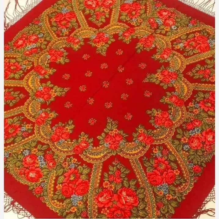 روسری ترکمنی پشمی قرمز قواره 148 برند پاولوف پوساد روسیه