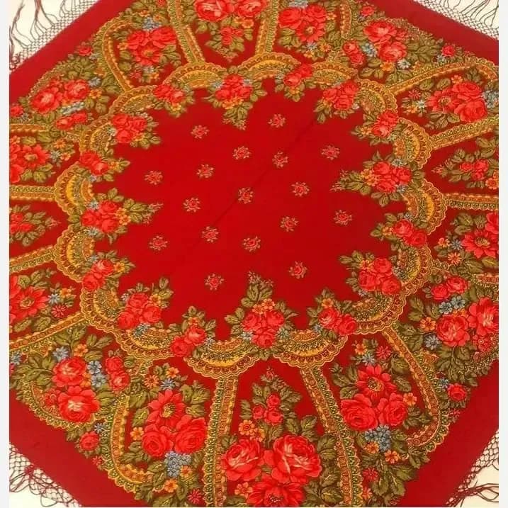 روسری ترکمنی پشمی قرمز قواره 148 برند پاولوف پوساد روسیه — تصویر ۴