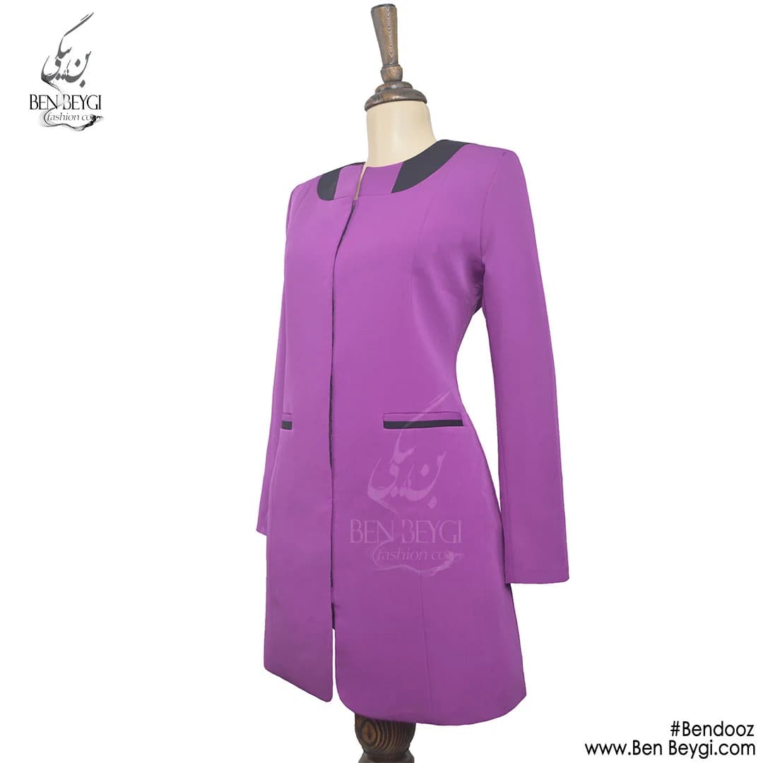 مانتو شلوار اداری بنفش یقه گرد دکمه مخفی پارچه کرپ کد 15773