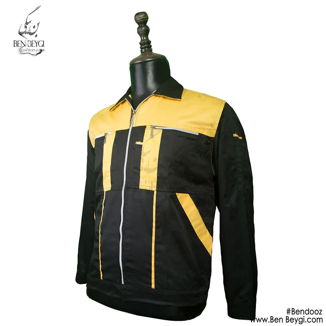 کاپشن کار با شلوار پارچه کجراه زیپ سیلوری رنگ مشکی خرج کار زرد کد 15724 — تصویر ۲