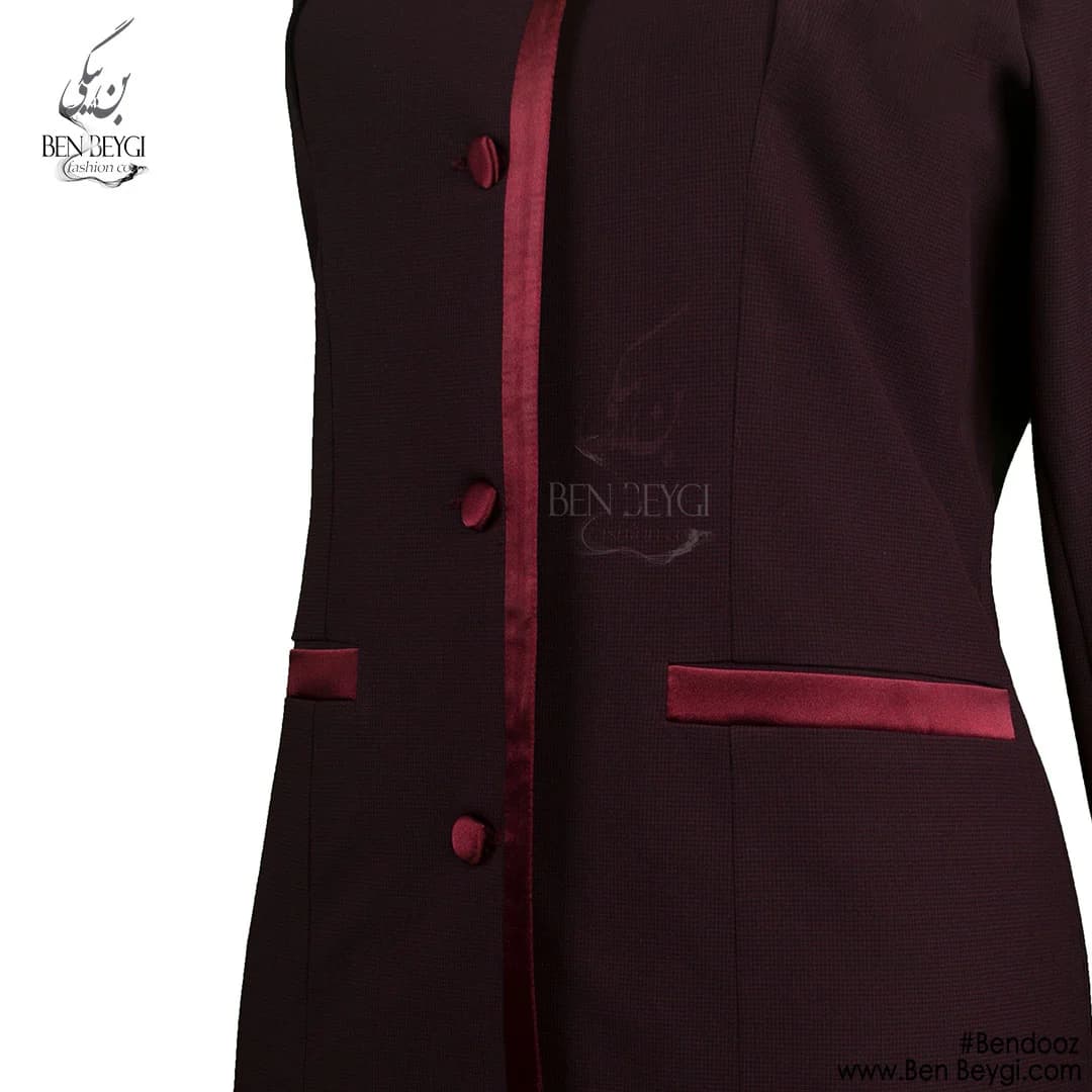 مانتو شلوار اداری زرشکی پیردوپل پنل دار پارچه بزیاق قد 100 کد 14757 — تصویر ۳