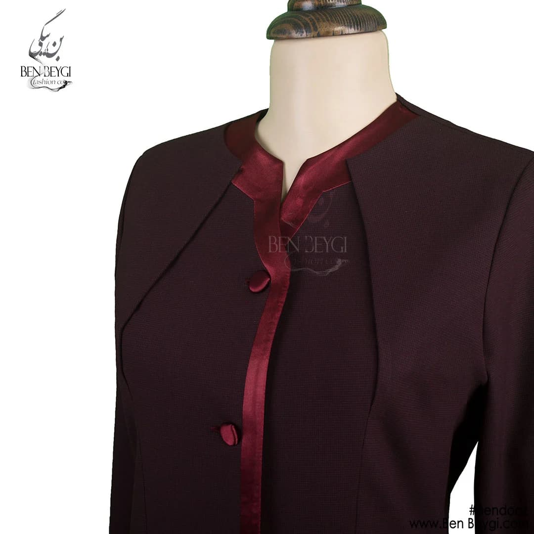 مانتو شلوار اداری زرشکی پیردوپل پنل دار پارچه بزیاق قد 100 کد 14757 — تصویر ۲