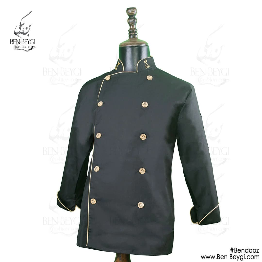 پیراهن سر آشپز پارچه کجراه یقه ایستاده دو ردیف دکمه مشکی با گلدوزی کد 13326