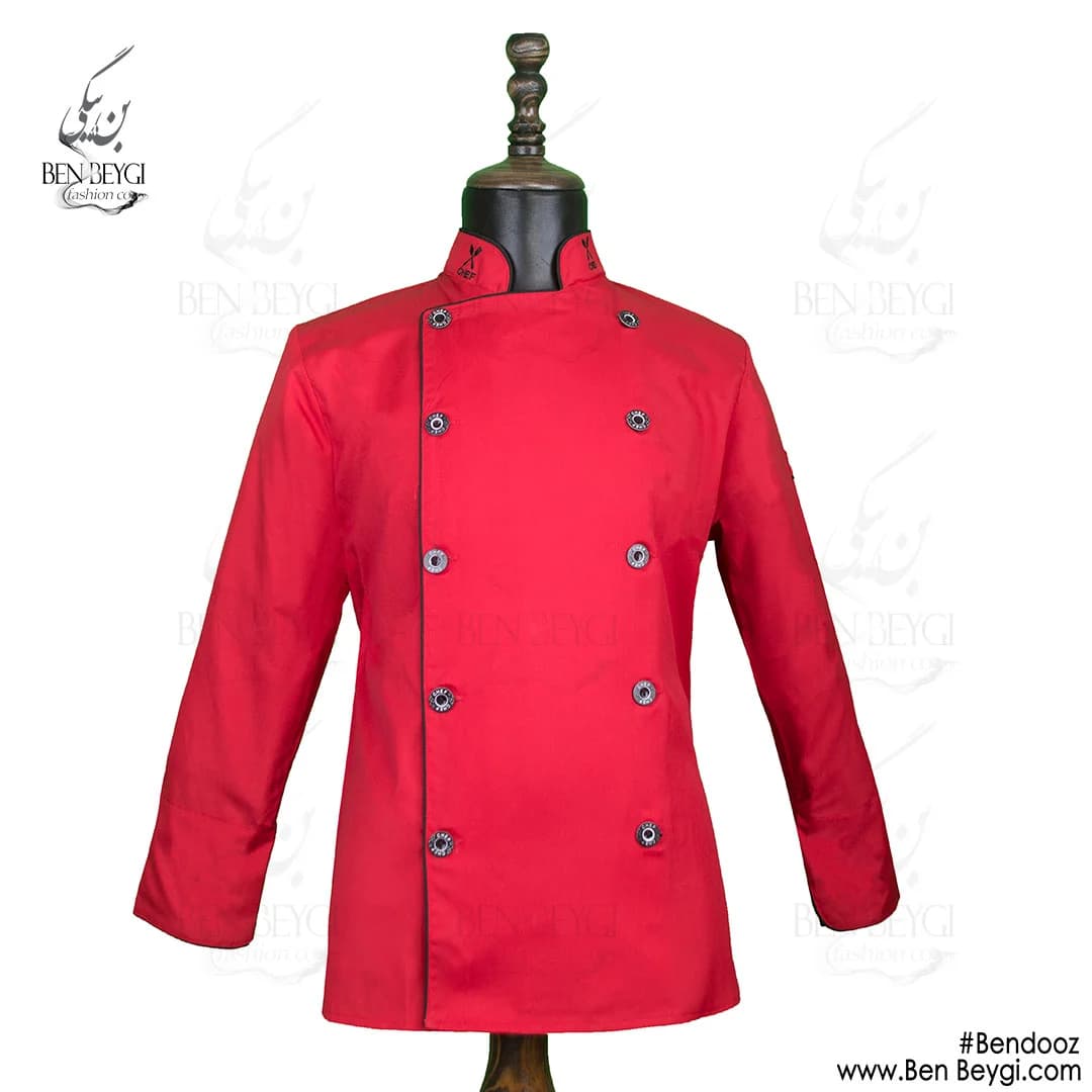 پیراهن سر آشپزی پارچه کجراه یقه ایستاده دو ردیف دکمه قرمز با گلدوزی کد 13323