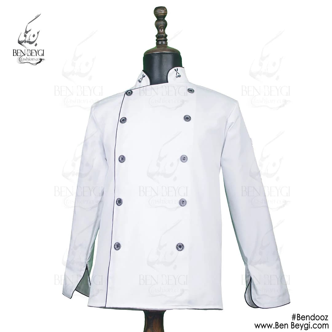 پیراهن سر آشپزی پارچه کجراه یقه ایستاده دو ردیف دکمه سفید با گلدوزی کد 13316