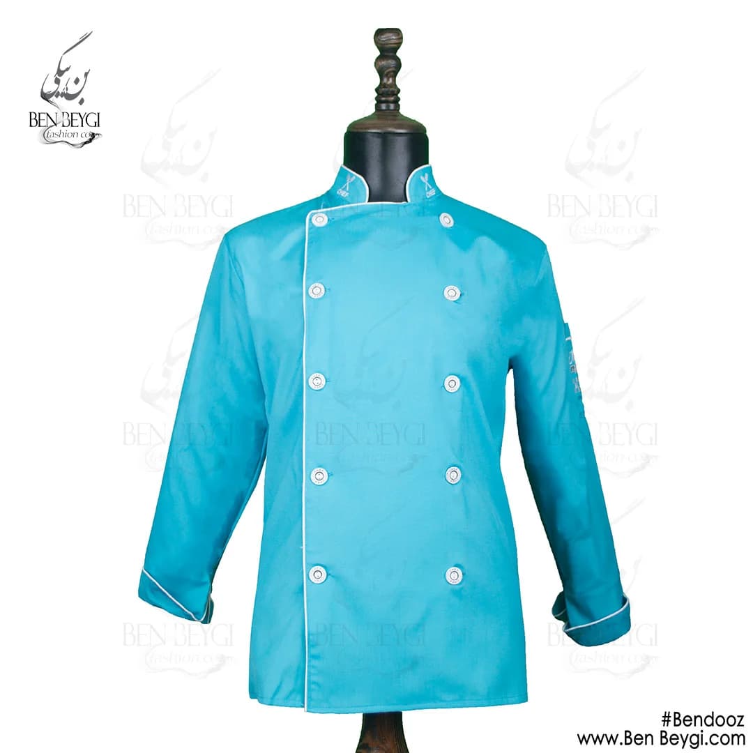 پیراهن سر آشپز پارچه کجراه یقه ایستاده دو ردیف دکمه فیروزه ای با گلدوزی کد 13315