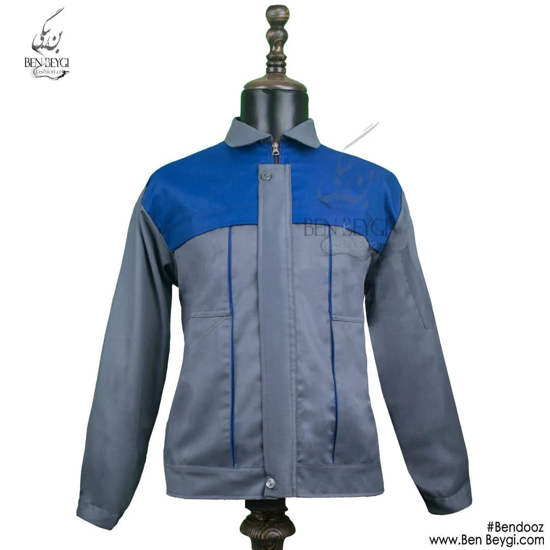 کاپشن کار با شلوار کار پارچه کجراه صنعتی دو تیکه رنگ طوسی با خرج کار آبی کد 12231