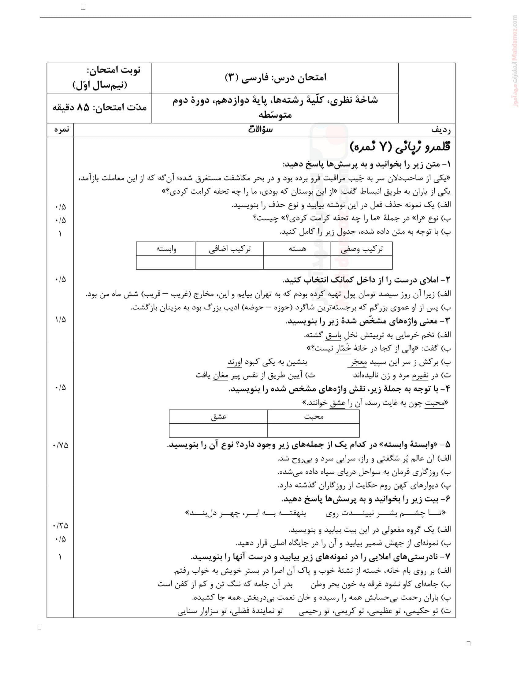 امتحان نوبت اول نهایی فارسی کلاس دوازدهم | با جواب
